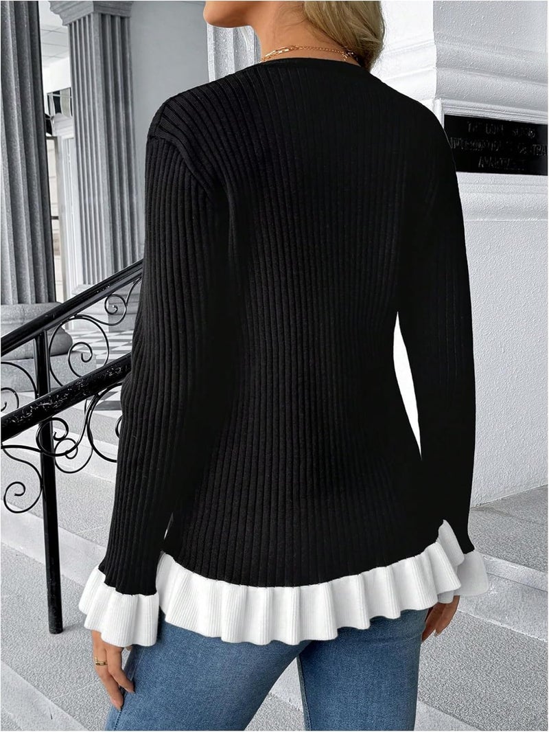 MakeMeChic Women's Maternity Sweater Color Block Bell Sleeve Button Down Ruffle Pregnancy Cardigan - Image 2